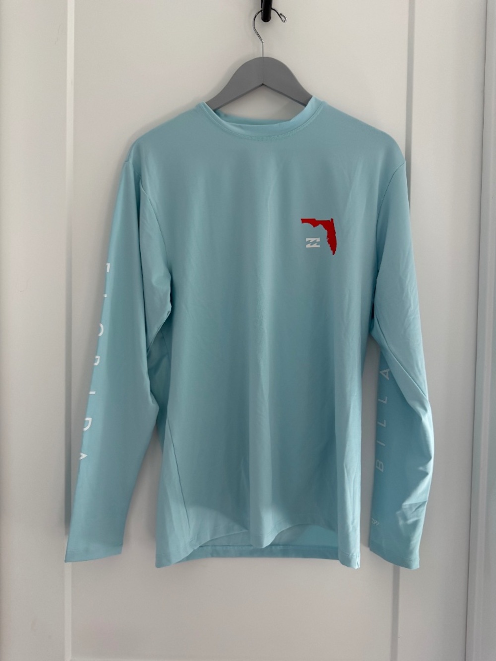 Billabong Men's Light Blue Long Sleeve Rash Guard with Red Florida Logo